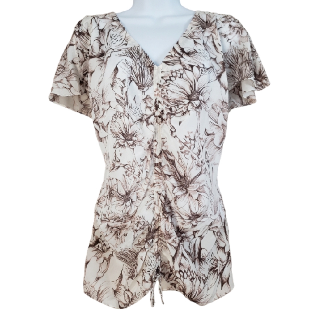 NWT Banana Republic white & brown floral blouse top Womens Large